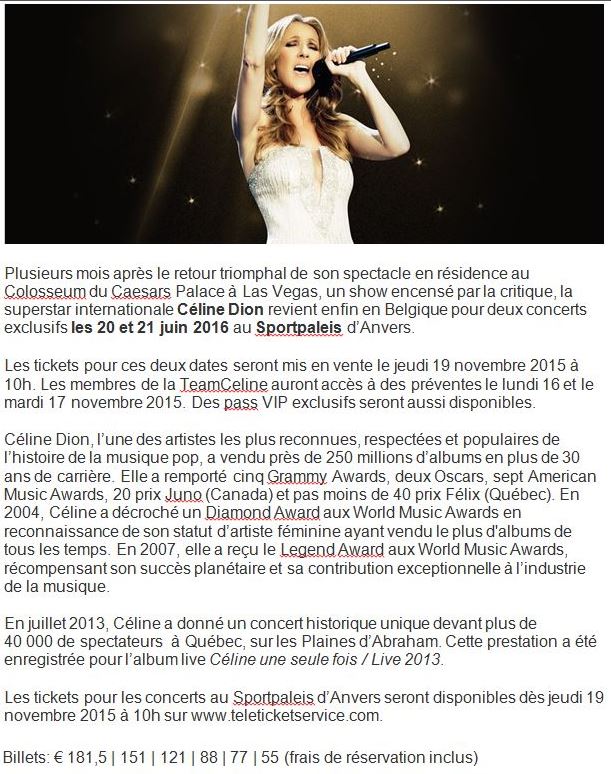 Concert 00 Céline Dion 20 et 21 juin 2016 Anvers b